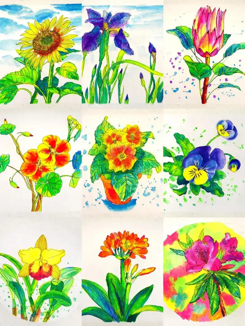 彩色线描花卉绘画.适合二年级以上孩子们练习##创意美术 # - 抖音