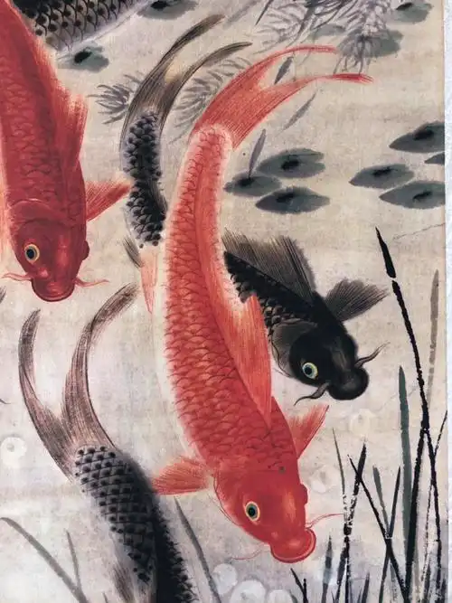 精品放漏,吴青霞【九鱼图】老卷轴中堂挂画一副