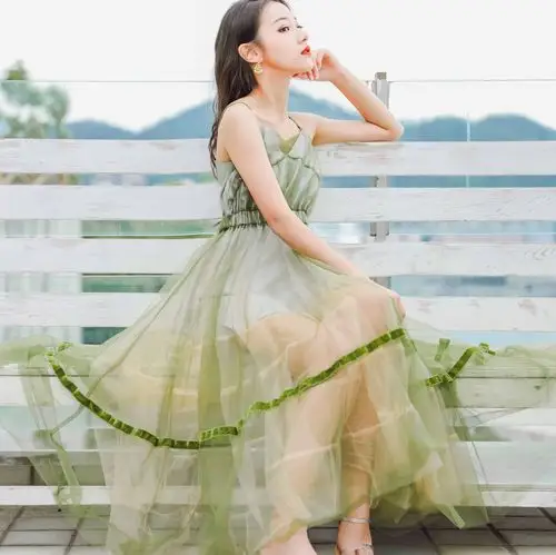 2021新款夏季牛油果绿色网纱吊带裙女外穿连衣裙仙女超仙森系长裙