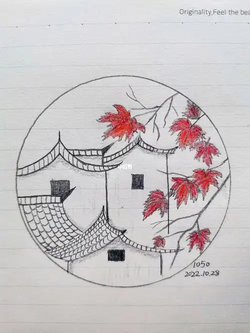 秋天的枫叶素描风景铅笔画