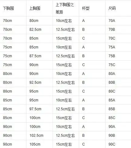 女人胸部尺寸换算