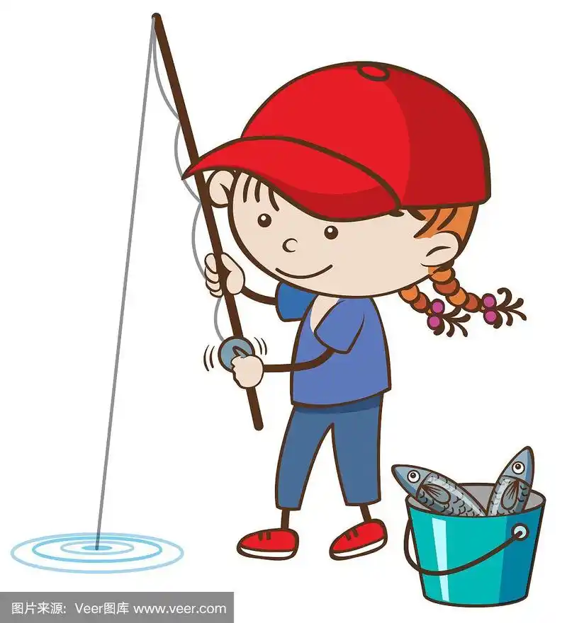 一个在白色背景上钓鱼的女孩