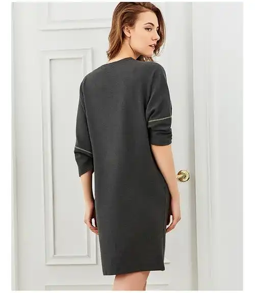 曼妮芬圆领七分袖睡裙春夏季休闲家居服起居服可外穿中长款连衣裙