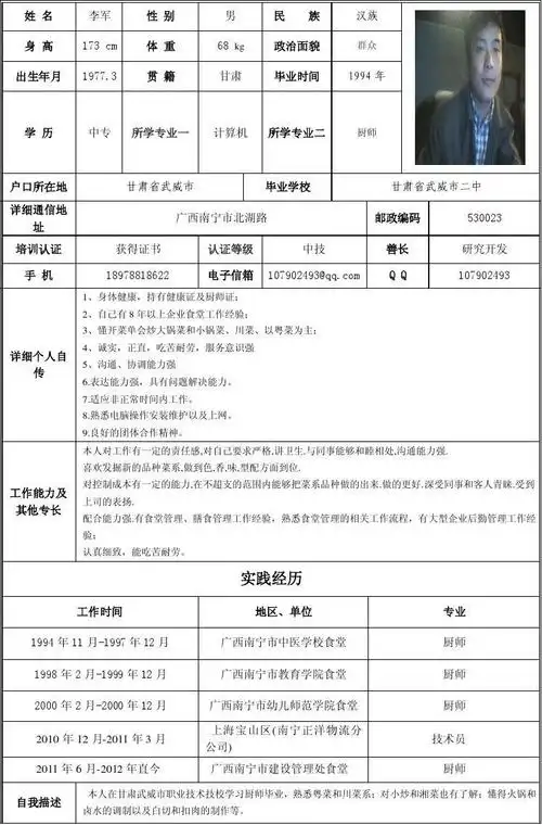 厨师个人简历表