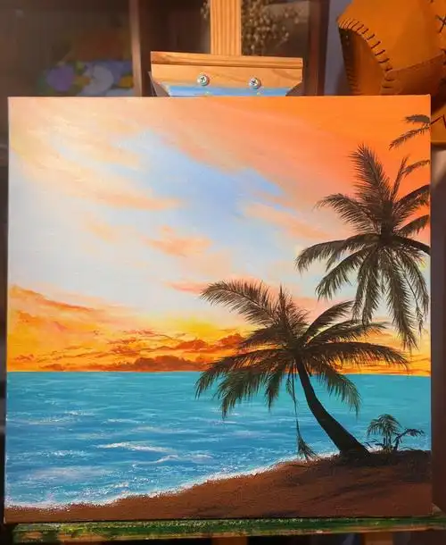 丙烯画海边椰林暮色附步骤