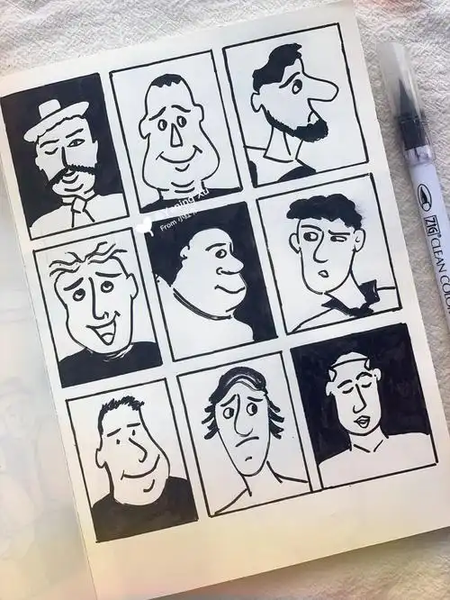 九宫格非常适合速写表情包,一个系列的神态速写还是比较锻炼我们把握