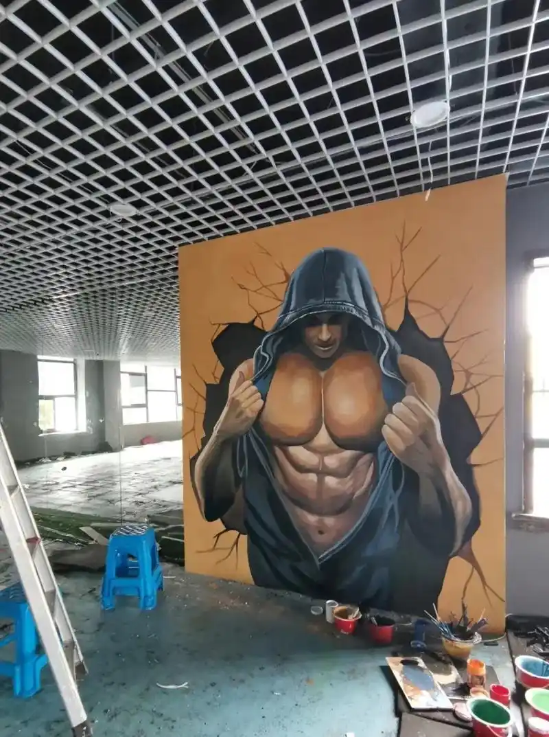 健身房墙绘 #墙绘涂鸦 #手绘壁画 #唐山 #撸铁 - 抖音