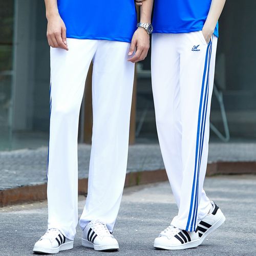 白色运动裤女宽松直筒跑步三条杠运动长裤男夏薄款健身卫裤校服裤