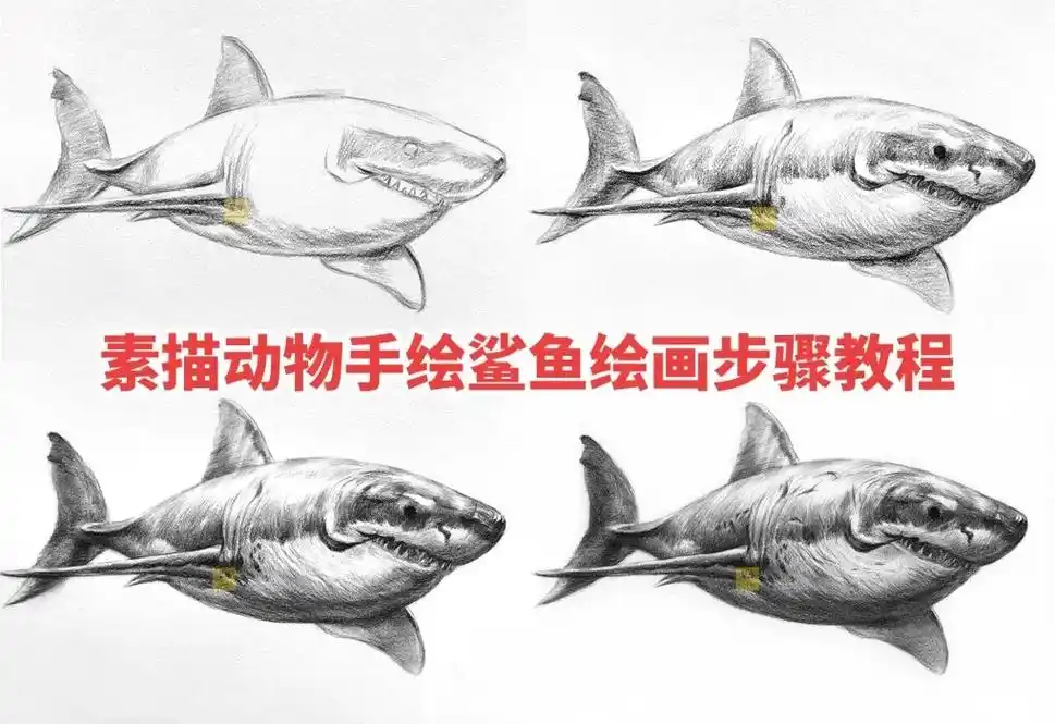素描动物绘画鲨鱼手绘步骤教程.