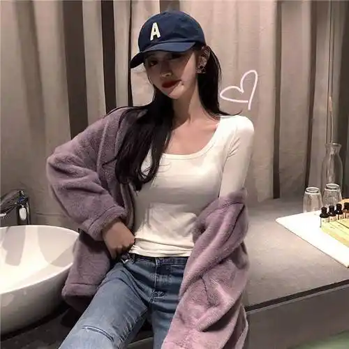 春秋冬万能纯棉显胸大低领修身衫长袖t恤紧身女秋冬季女式百搭女士内