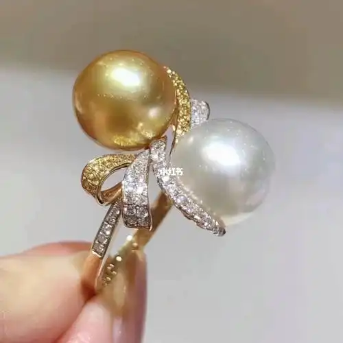 钻石金珠澳白双珠珍珠戒指