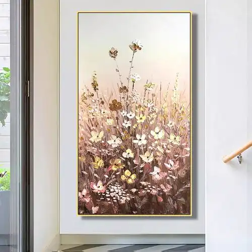 手绘玄关油画花卉田园背景墙现代简约装饰画立体走廊油画