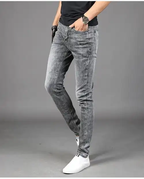 牛仔裤男修身小脚裤烟灰色潮流休闲加绒加厚男士长裤子冬款 h 8837加