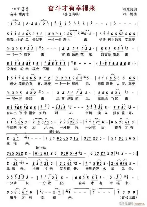 歌手:张也张也 《奋斗才有幸福来》简谱