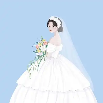 穿白色婚纱侧面抱捧花的女生卡通单人唯美婚png素材手绘卡通人物新娘