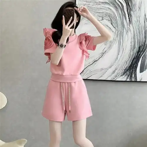 欧货漂亮休闲运动套装女夏显瘦小个子炸街减龄粉色短袖短裤两件套