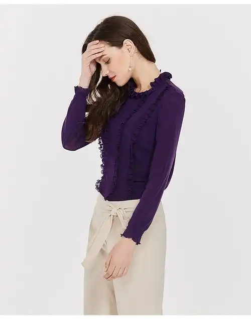 uge/依梦春装新款中年女装ol上衣木耳边长袖打底t恤修身百搭小衫_6折