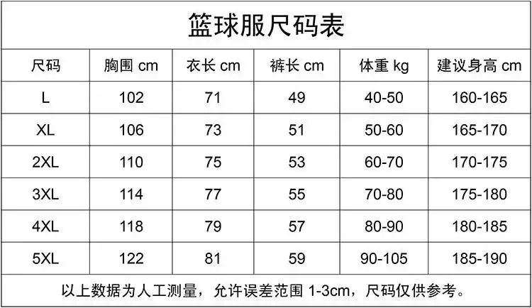 篮球服尺码表 大装l-5xl