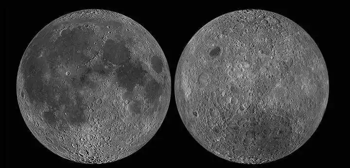 月球的近地面(左:面向地球)和远地面(右:背向地球).