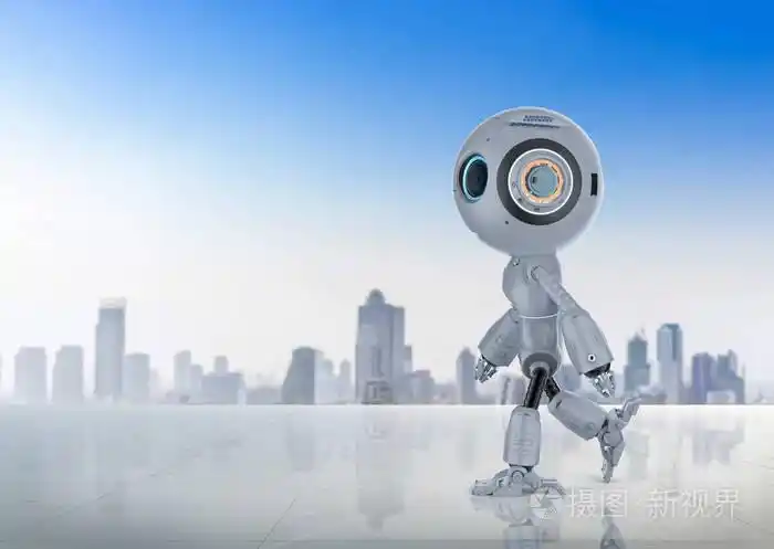 3d 渲染迷你机器人走在屋顶与城市景观背景
