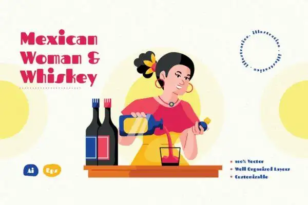 倒酒场景矢量插画素材 mexican woman pouring whiskey illustration