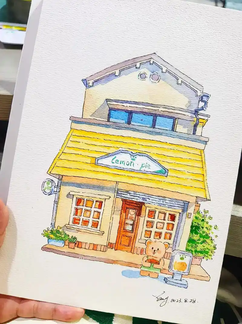 钢笔淡彩(48) 附线稿  小房子92暖暖的  有些地方水多 - 抖音