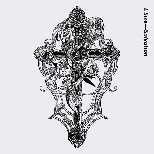 neuf弗花臂系列纹身贴十字架与蛇复古花纹防水持久优雅黑白刺青