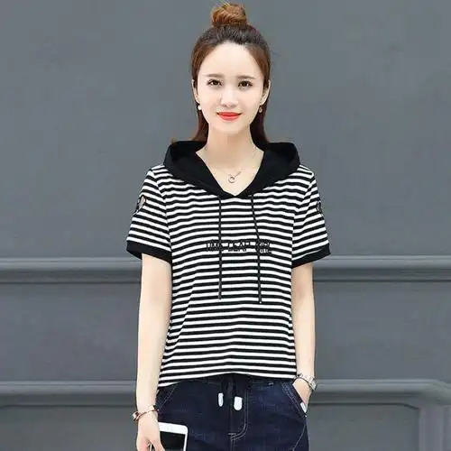 思湄短袖t恤女夏季半袖女装半截袖女 95棉短袖t恤女新款夏季大码连帽