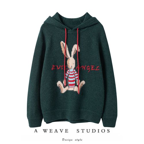 可爱卡通兔~纯羊绒衫女连帽套头羊绒针织毛衣打底衫加厚