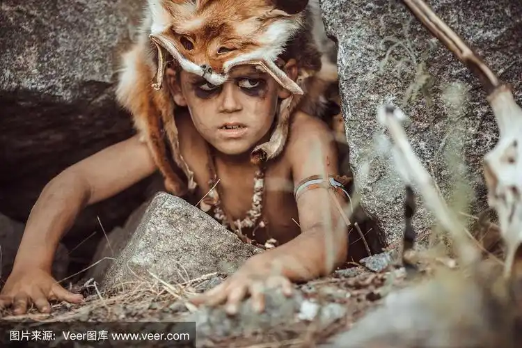 原始人,户外狩猎的男子汉.古代战士的肖像