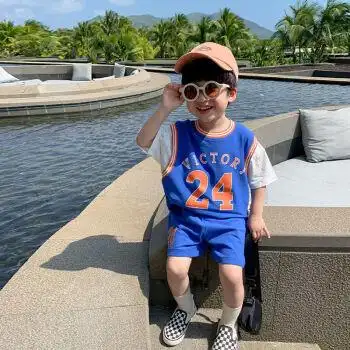 裤子小孩子洋气两件套休闲运动速干透气蓝球服帅气蓝色90建议8090cm