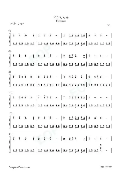简单版-ドラえもん-哆啦a梦配乐-钢琴谱文件(五线谱,双手简谱,数字谱