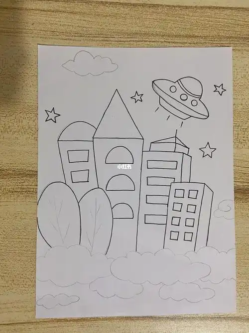 房子家族儿童画 高楼大厦儿创简笔画手绘黑色高楼建筑图