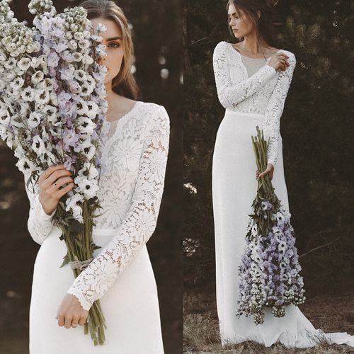 优雅长袖蕾丝意大利缎鱼尾显瘦新娘森系婚纱户外草坪婚礼旅拍轻纱