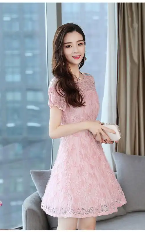 实拍9656#新款女装蕾丝连衣裙复古修身短袖夏季裙子时尚圆领a字裙_货