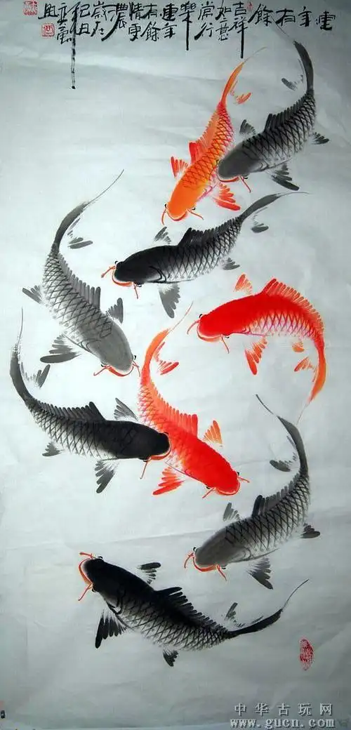 名家花鸟画(68x136cm) 九鱼图 1元起拍 - 中华