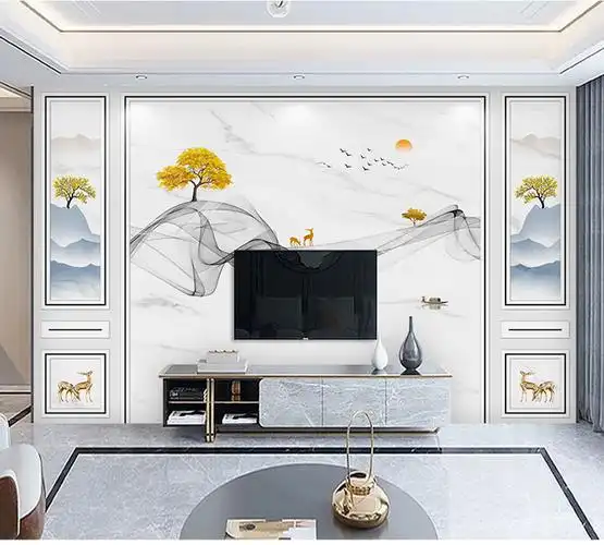 2022新款影视墙壁布墙纸电视背景墙2022年新款防水壁画轻奢风麋鹿墙布