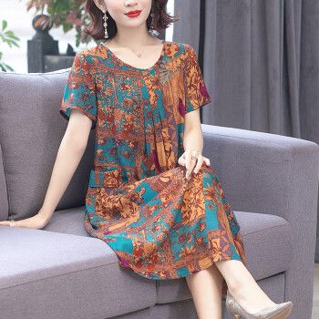 50岁左右的高档女夏装连衣裙妈妈装夏天老人衣服中老年人女棉绸胖宽松