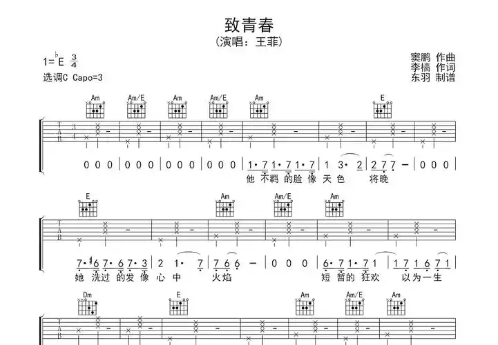 致青春吉他谱_王菲_c调弹唱79%原版 - 吉他世界