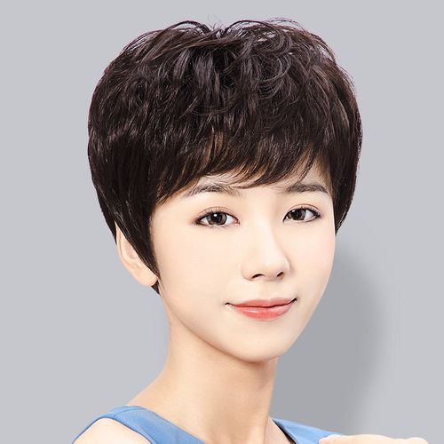 假发短发女全头套真人发丝假发套真发妈妈中老年短纹理烫自然圆脸