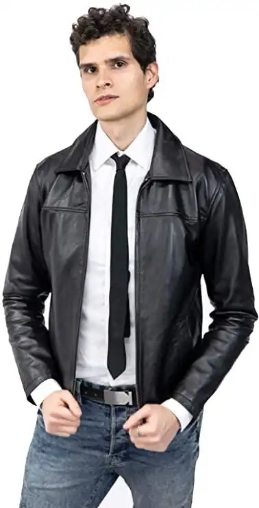 男式 real biker 皮夹克衬衫领经典黑色摩托车羊皮外套