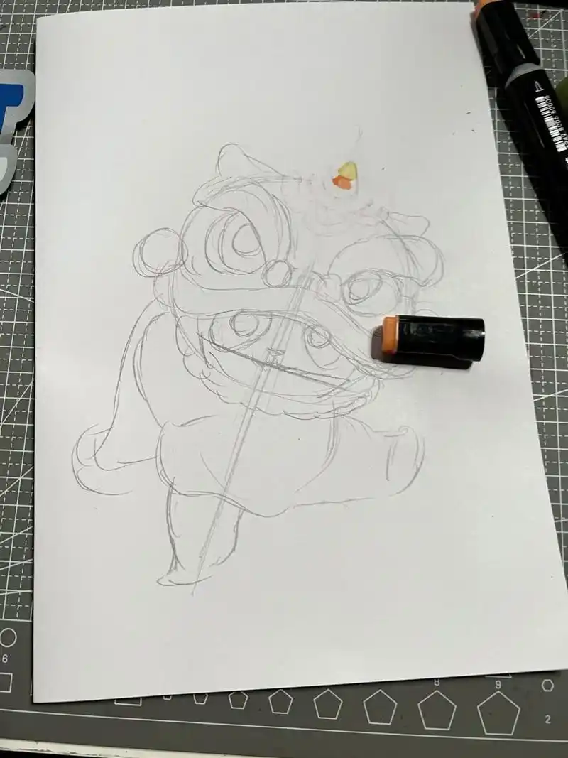 醒狮 舞狮小熊猫马克笔手绘 马克笔画很简单很可爱  原图来自大佬雪