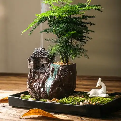 中式创意文竹花盆景观小房子造景陶瓷摆件客厅花盆