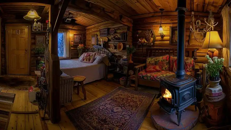 舒适的木屋氛围噼啪作响的壁炉燃烧声伴着夜晚放松的雪花飘落声助眠