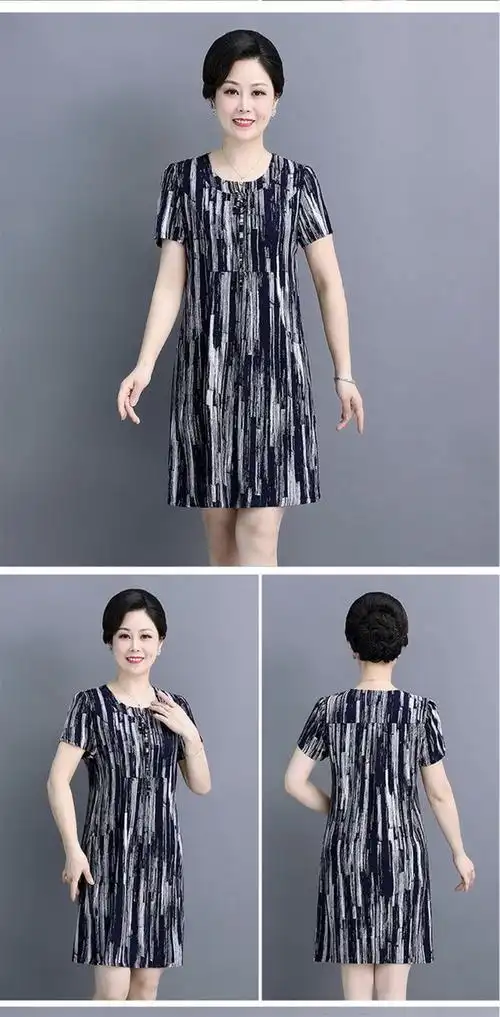 高档轻奢奶奶绵绸连衣裙中老年女装60岁70妈妈中长款老人棉绸短袖裙子