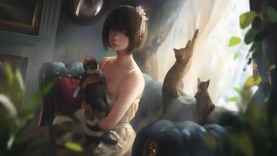 女孩子 短发 猫 房间 4k唯美动漫壁纸壁纸(动漫静态壁纸) - 静态壁纸