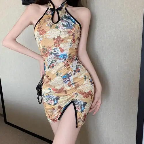 复古少女印花改良旗袍夏季新款性感无袖修身短款开叉包臀连衣裙女