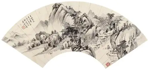 0349壬午1942年作仿古山水扇面纸本