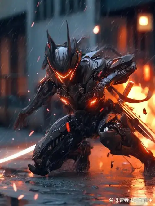 ai绘画丨赛博机甲(附关键词) 核心关键词:穿着机械盔甲的机器人挥舞着