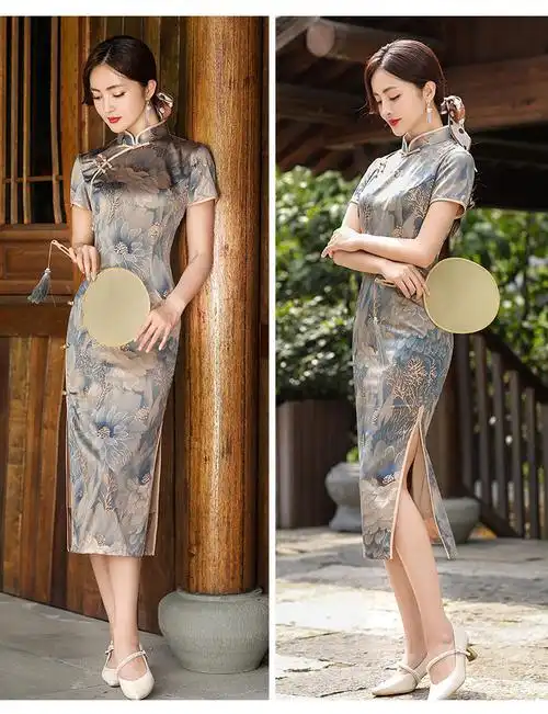 皮尔卡丹高端老上海手工改良大码软缎旗袍夏季妈妈中长款2022年新款